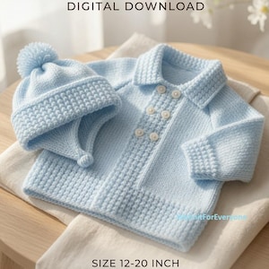 May include: A light blue knitted baby sweater with a collar and four white buttons, paired with a matching pom-pom hat. The text reads KNITTING PATTERNS FOR BABIES, DIGITAL DOWNLOAD, and SIZE 12-20 INCH. The items feature a textured stitch pattern.
