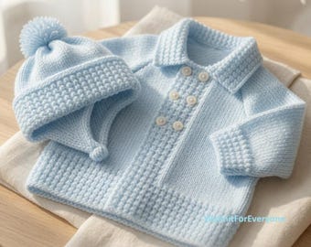 May include: A light blue knitted baby sweater with a collar and four white buttons, paired with a matching pom-pom hat. The text reads KNITTING PATTERNS FOR BABIES, DIGITAL DOWNLOAD, and SIZE 12-20 INCH. The items feature a textured stitch pattern.