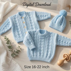 May include: A digital download for knitting patterns for babies, featuring a light blue cable-knit cardigan with buttons, a matching cable-knit sweater, and a pom-pom beanie. The text reads KNITTING PATTERNS FOR BABIES Digital Download Size 16-22 inch.