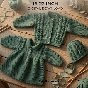 Baby Dress Knitting Pattern PDF, Cardigan & Bonnet Set, DK Baby Knits, 16-22 Inch, Instant Download, Easy Knit Pattern