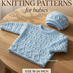 May include: A light blue knitted baby sweater and matching hat featuring a leaf-inspired lace pattern. The text reads DIGITAL ITEM KNITTING PATTERNS for babies and SIZE 18-24 INCH. The garments are displayed on a wooden surface.