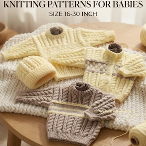 Baby Knitting Pattern PDF Bundle 16–30 Inch | Aran Sweater, Cardigan & Hat | Instant Download