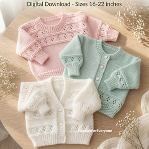 May include: Three knitted baby jumpers in pale pink, mint green, and white, featuring long sleeves with eyelet patterns and ribbed cuffs. The text reads KNITTING PATTERNS FOR BABIES, Digital Download - Sizes 16-22 inches, and WeKnitForEveryone.