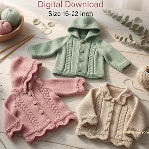 Peut inclure: KNITTING PATTERNS Digital Download Size 41-56 cm. Trois cardigans tricotés avec capuches et détails torsadés en vert sauge, rose poudré et crème. Chacun comporte des boutons et des manches longues. Inclut des pelotes de laine et des aiguilles.