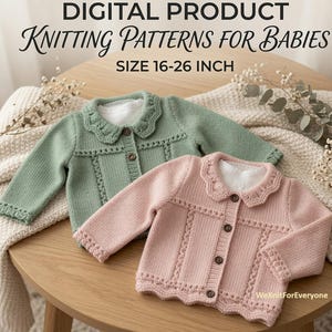 May include: Digital product knitting patterns for babies size 40-66 cm. Two long-sleeved baby cardigans, one sage green and one dusty pink, featuring scalloped collars, button-front closures, and textured vertical panel detailing on the front.