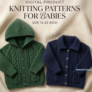 Modello per cardigan da neonato a maglia, giacca con trecce Aran, taglie 14-22 pollici (download digitale)