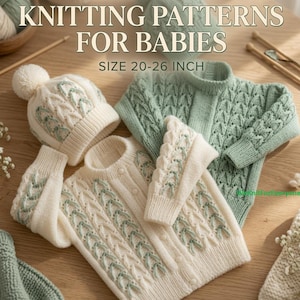 May include: A digital product knitting pattern for babies, size 20-26 inch. The image displays a cream-colored knitted cardigan and matching pom-pom hat, alongside a sage green knitted cardigan, featuring intricate cable knit textures.