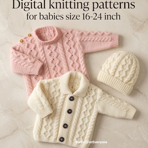 Baby Cardigan Knitting Pattern PDF, Cable Knit Sweater & Hat, Baby Clothing Pattern, Digital Download, 16-24 Inch