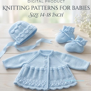 May include: A light blue knitted baby set featuring a long-sleeved cardigan with three buttons, a bonnet with a ribbon tie, and a pair of booties with ribbon accents. Text reads: DIGITAL PRODUCT KNITTING PATTERNS FOR BABIES SIZE 14-18 INCH.