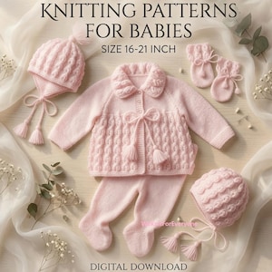 Può includere: Un set lavorato a maglia rosa chiaro per neonati che include un cardigan a maniche lunghe con motivo a trecce e lacci con nappe, pantaloni con piedini, due berretti con nappe e muffole. Il testo recita KNITTING PATTERNS FOR BABIES SIZE 16-21 INCH.