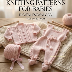 Op de afbeelding: Een digitaal breipatroon voor baby's, maat 19-20 inch. De set bevat een lichtroze vest met lange mouwen, kabelpatronen en knopen, een bijpassende mouwloze romper met trekkoord en een mutsje met een lintje om te strikken.