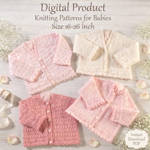 May include: Digital product showcasing knitting patterns for baby cardigans. The image presents four knitted baby cardigans in pink and cream hues, sized 40.6 to 66 cm. The cardigans feature button fastenings and decorative borders. The text "Instant Download PDF" is visible.