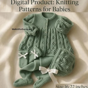 Könnte beinhalten: Ein mintgrünes Strick-Baby-Outfit-Set, bestehend aus einer Strickjacke, einer Mütze, Leggings und Booties, mit weißen Schleifenakzenten. Das Set hat ein detailliertes Lochmuster. Der Text "Digital Product: Knitting Patterns for Babies" steht oben. Größe 40.6-55.9 cm.