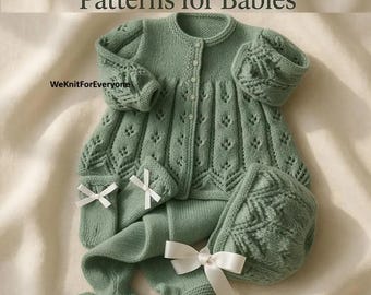 May include: A mint green knitted baby outfit set, including a cardigan, bonnet, leggings, and booties, with white ribbon accents. The set features a detailed openwork design. The text "Digital Product: Knitting Patterns for Babies" is at the top. The size is 16-22 inches.