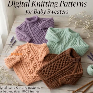 May include: Four hand-knitted baby sweaters in shades of lavender, mint green, peach, and brown. The sweaters feature various cable knit and textured stitch patterns. The image includes the text "Digital Knitting Patterns for Baby Sweaters" and "Digital item: Knitting patterns for babies, sizes 18-28 inches."