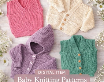 Baby Strickanleitungen Bundle PDF - Strickjacke, Kapuzenpullover & Weste - Digital Download - Größen 40-50 cm