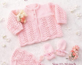 Baby Strickmuster Set – Matinee Mantel, Mütze, Handschuhe (Digitaler Download)