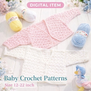 Peut inclure: Article numérique présentant des patrons de crochet pour bébés. L'image montre un cardigan rose et blanc au crochet, avec des pelotes de laine jaunes, blanches et bleues. Le texte indique "Baby Crochet Patterns" et "Taille 30-56 cm".