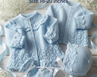 May include: Baby knitting patterns for sizes 16-20 inches. The image shows a light blue knitted baby outfit, including a cardigan, a bonnet, mittens, and booties. The cardigan has a scalloped collar and decorative lace detailing. The outfit is made of soft yarn and is perfect for a baby.