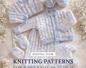 Baby Strickmuster Set - Cardigan mit Zopfmuster, Pullover, Hose, Mütze (Digitaler Download)