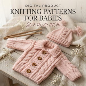 May include: A digital product listing for baby knitting patterns, size 16-24 inch. The image displays a light pink knitted cardigan with a cable knit pattern and four brown buttons, alongside a matching pink knit hat with two pom-poms.