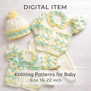 Baby Knitting Pattern Set – Entrelac Cardigan, Pants, Hat (Digital Download)