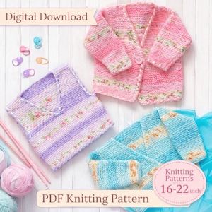 May include: A digital download PDF knitting pattern featuring a pink cardigan, a purple vest, and a blue scarf. The garments are hand-knitted with floral accents. The pattern is for sizes 16-22 inches.