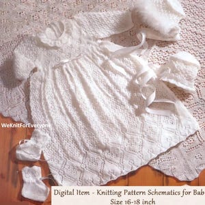 May include: A white knitted baby outfit set, including a dress, two bonnets, and booties. The dress features a detailed pattern and ribbon accents. The text "WeKnitForEveryone" is visible. The image also includes the text "Digital Item - Knitting Pattern Schematics for Babies Size 16-18 inch".