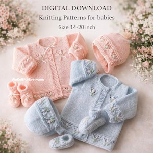May include: Digital download of knitting patterns for babies. The image shows a light pink and light blue knitted baby set, including a jacket, hat, and booties. The size is 14-20 inches. The sets are decorated with floral embroidery.