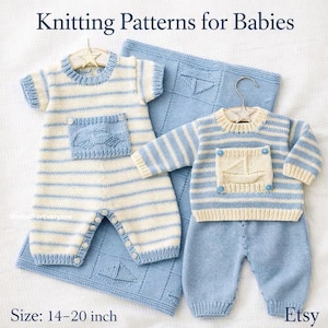 May include: Knitting patterns for babies. A light blue and cream-coloured knitted romper, sweater, and trousers set with a matching blanket. The romper and sweater have a sailboat pocket design. The image text says "Knitting Patterns for Babies" and "Size: 35-51 cm."