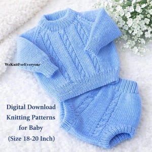 May include: A light blue knitted baby sweater and matching shorts set. The set features a cable knit design and is made of soft yarn. The text "WeKnitForEveryone" is in the upper left corner. The text "Digital Download Knitting Patterns for Baby (Size 18-20 Inch)" is in the lower left corner.