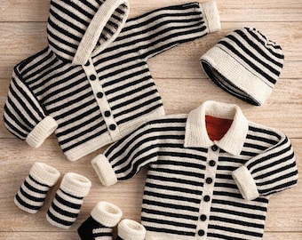 Baby Strickmuster Bundle, Gestreifte Strickjacke, Mütze, Schühchen (PDF Download)