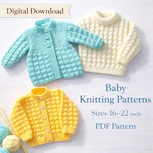 May include: Three baby sweaters in different colours: a light blue cardigan, a cream-coloured turtleneck, and a yellow cardigan. The sweaters have textured patterns. The image also includes the text "Digital Download" and "Baby Knitting Patterns".