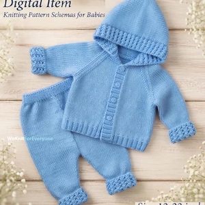 May include: A light blue knitted baby outfit, including a hooded jacket, trousers, and hat. The set is sized 30-56 cm. The image includes the text "Digital Item Knitting Pattern Schemas for Babies" and "WeKnitForEveryone".
