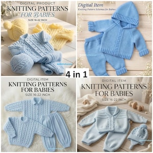 Op de afbeelding: Een digitale productcollectie van vier breipatronen voor baby's, met lichtblauwe en gele gebreide kledingstukken zoals truien, broeken en mutsen. De tekst luidt Digital Product Knitting Patterns For Babies Size 16-22 Inch.