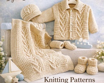 Baby Strickmuster Set – Cardigan, Decke, Mütze, Booties (Digitaler Download)