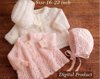 Baby Strickmuster PDF, Newborn Cardigan Bonnet Set, Vintage Lace Knit (Digitaler Download)