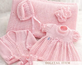 Baby Mädchen Strickmuster Set: Kleid, Cardigan, Mütze, Schühchen & Decke (45-50cm)