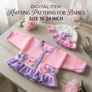 Puede incluir: Patrón de tejido digital para bebés de 16-24 pulgadas. Un cárdigan rosa y blanco de manga larga con un dobladillo con volantes morado y aplicaciones de flores moradas y rosas, junto a un gorro blanco a juego con una flor morada y rosa.