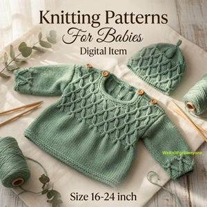 Stickmönster för babykofta och mössa, Aran tröja, stickat set för baby (digital nedladdning)