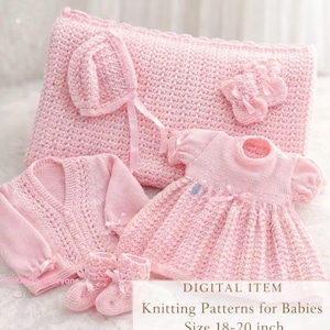 Stickmönsterset för babyflicka: Klänning, kofta, mössa, tossor och filt (40–50 cm)