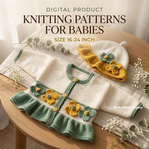 May include: A digital product listing for baby knitting patterns, size 16-24 inch. The image displays a cream-colored knitted cardigan with green trim, yellow flower appliqués, and small yellow buttons, alongside a matching cream-colored knitted hat.