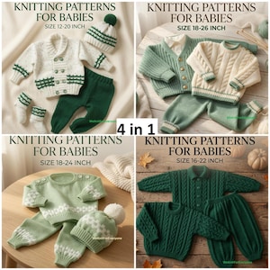 May include: A collection of four sets of knitted baby clothing patterns, including sweaters, trousers, hats, and socks in shades of green and cream. The text reads KNITTING PATTERNS FOR BABIES with sizes ranging from 12 to 26 inches and 4 in 1.