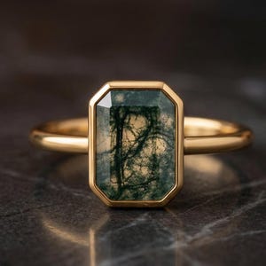 Anillo de ágata musgosa con engaste de bisel vintage, anillo de compromiso de ágata musgosa con talla esmeralda, regalo de aniversario, anillo de oro amarillo macizo de 14k, anillo solitario de oro