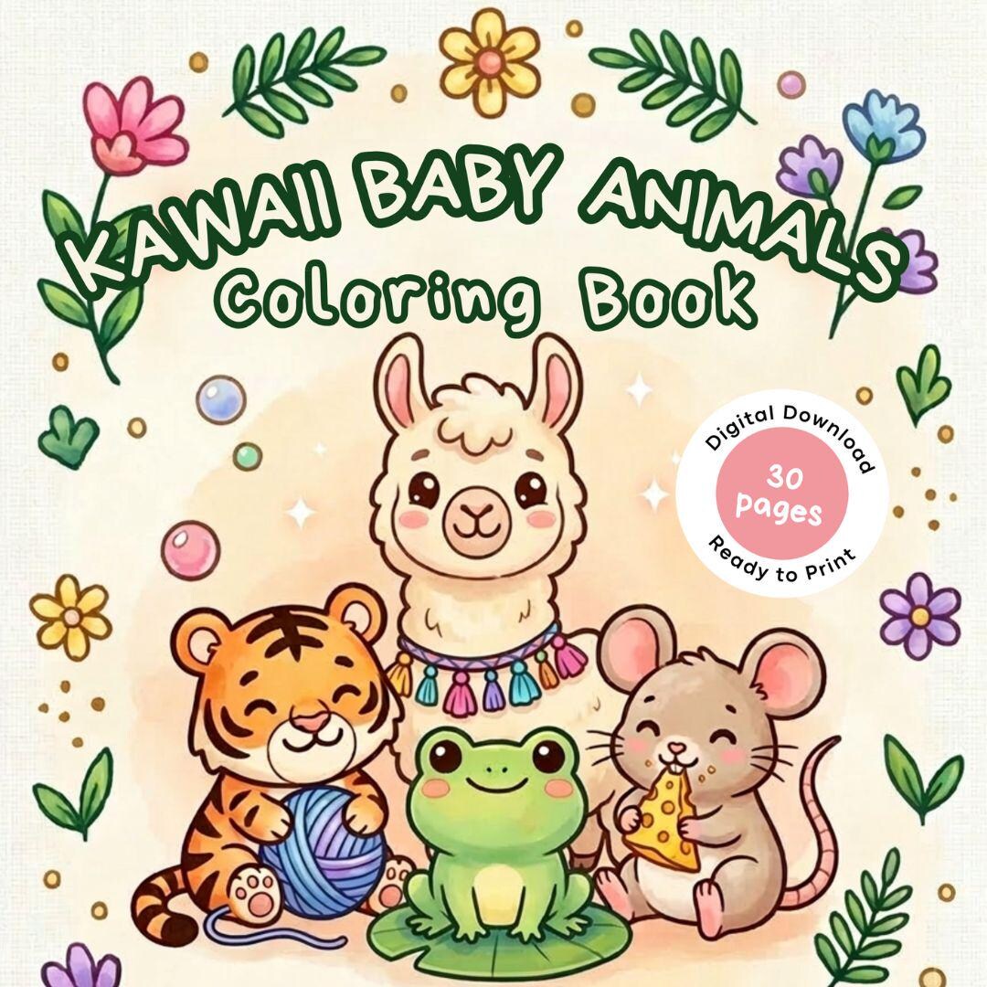 Kawaii Baby Animals Coloring Book – Cute Animal Coloring Pages for Kids ...
