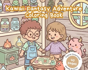 Kawaii Fantasy Adventure Målarbok för Barn – Söta Anime-stil Målarbilder, Digital Nedladdning