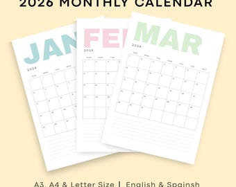 Utskrivbar kalender 2026 – Minimalistisk månadsplanerare, Estetisk väggkalender i PDF-format