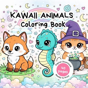 Puede incluir: Ilustración colorida de un "Kawaii Animals Coloring Book" con un zorro, un caballito de mar y un gato. El gato lleva un sombrero de bruja y sostiene un caldero. El libro es una descarga digital con 40 páginas listas para imprimir.