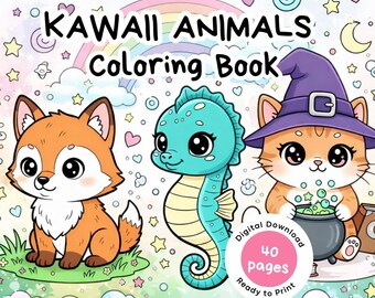 Utskrivbar målarbok med kawaii-djur – söta målarbilder för barn, digital nedladdning i PDF-format