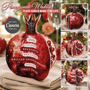 May include: A pomegranate-shaped wedding place card and menu template featuring a deep red, textured fruit design. The front displays the text Menu, Starters, Bruschetta, Main Courses, Grilled Chicken Breast, Desserts, and Fruit Salad in white.